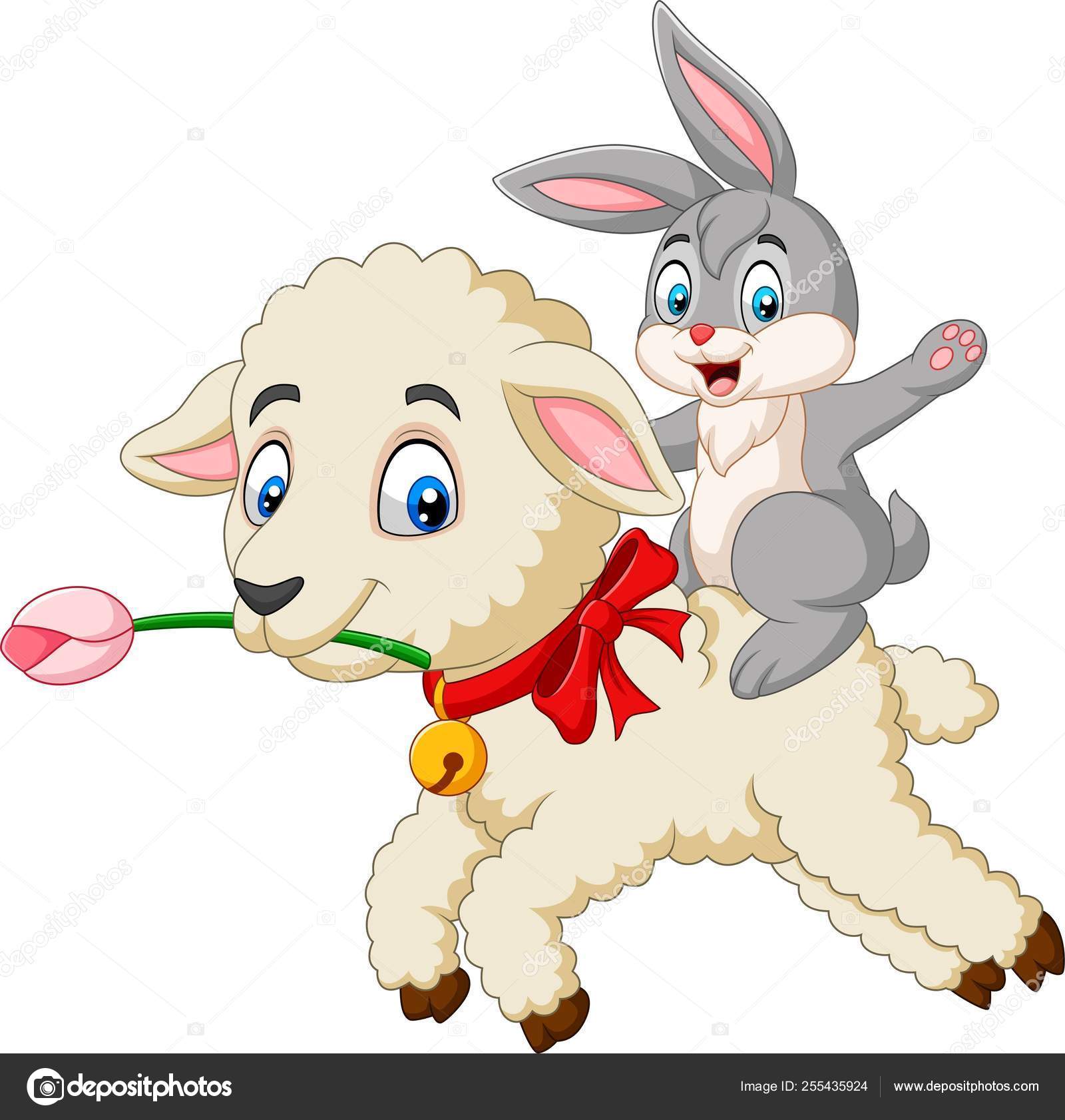 Vector Illustration Cartoon Cute Bunny Riding Lamb ⬇ Vector Image by