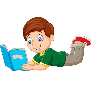 Karikatür çocuk vektör Illustration aşağı döşeme ve bir kitap okuma