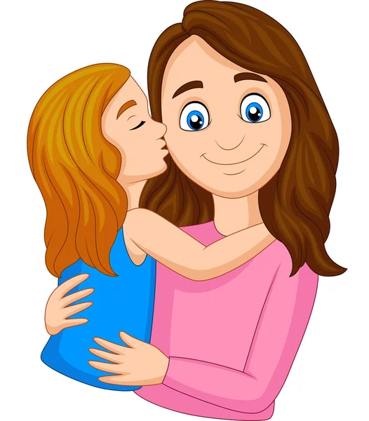 Ilustração Vetorial Menina Dos Desenhos Animados Beijando Bochecha Sua Mãe — Vetor de Stock