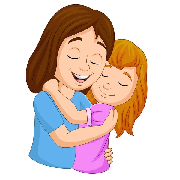 Ilustração Vetorial Dos Desenhos Animados Mãe Feliz Abraçando Sua Filha — Vetor de Stock