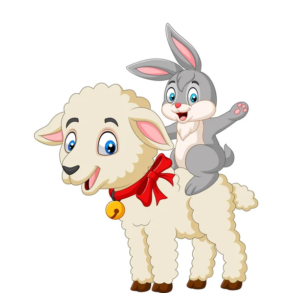 Vector Illustration Cartoon Cute Bunny Riding Lamb — Stock Vector