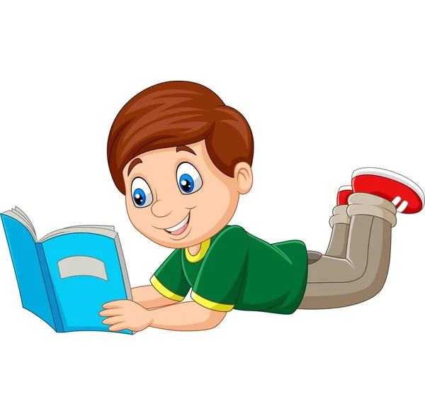 Ilustración Vectorial Cartoon Boy Acostado Leyendo Libro — Vector de stock
