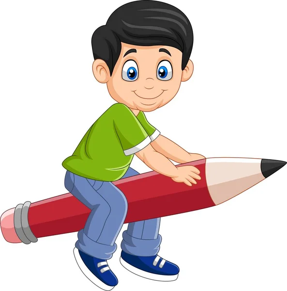 Vector Illustration Cartoon Boy Riding Flying Pencil — Stock Vector