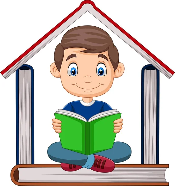 Vector Illustration Cartoon Boy Reading Book Pile Books Forming House — Stock Vector