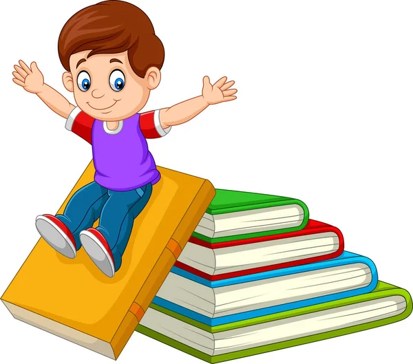 Vector Illustration Cartoon Little Boy Playing Large Books — Stock Vector
