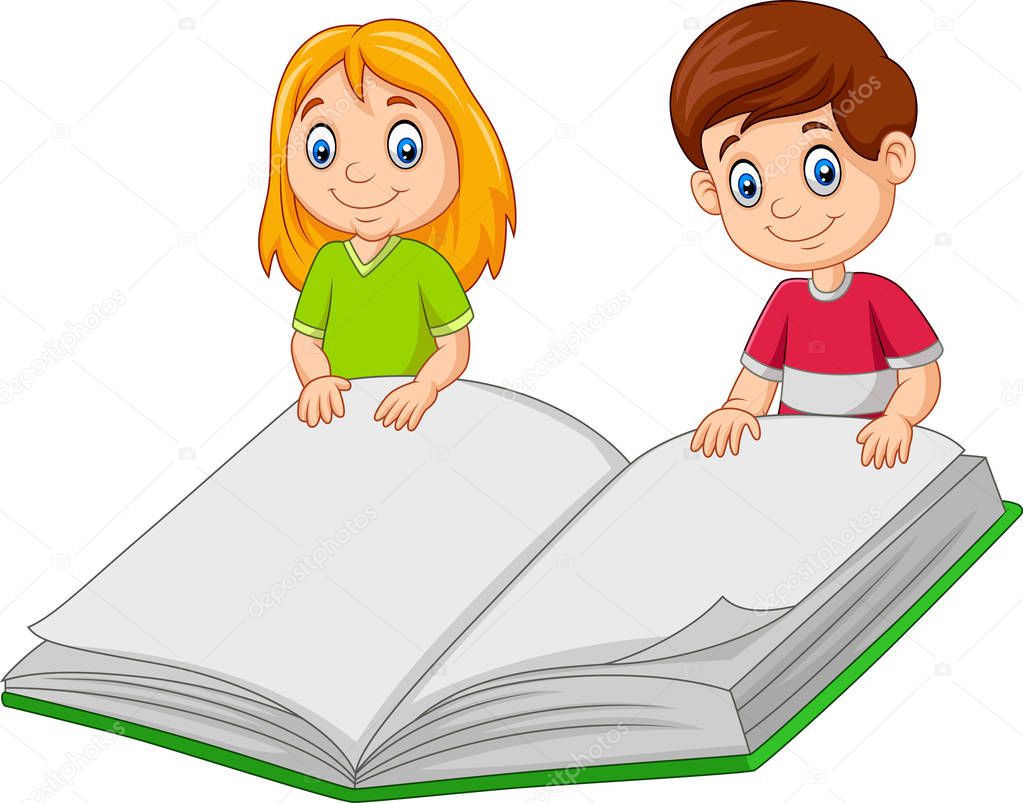 Vector illustration of Cartoon boy and girl holding giant book