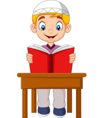 Karikatür Müslüman çocuk vektör illüstrasyon bir kitap okuma
