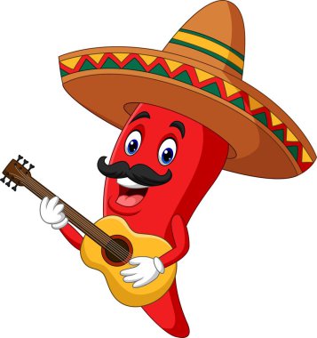 Bir gitar çalarken Karikatür mutlu sombrero biber Vektör illüstrasyon