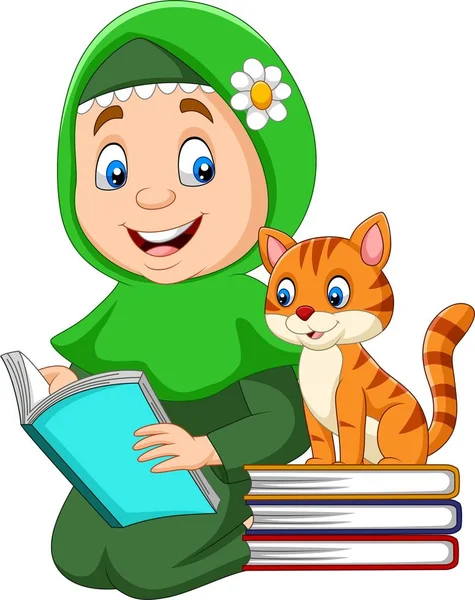 Ilustración Vectorial Chica Musulmana Leyendo Libro Con Gato — Vector de stock