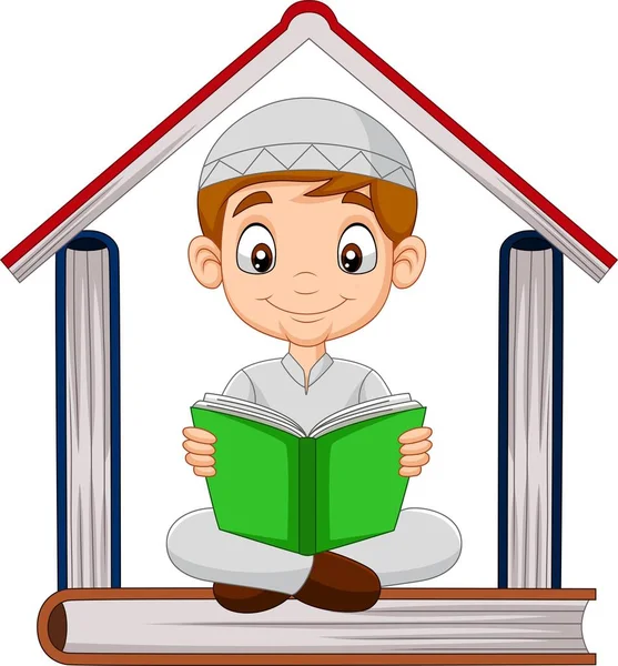 Απεικόνιση Διάνυσμα Καρτούν Αγόρι Που Διαβάζει Ένα Βιβλίο Μια Στοίβα — Διανυσματικό Αρχείο