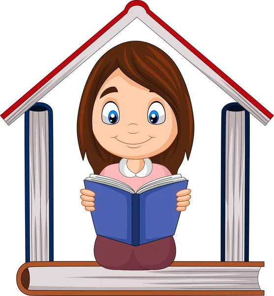 Ilustración Vectorial Cartoon Girl Leyendo Libro Con Pila Libros Formando — Vector de stock