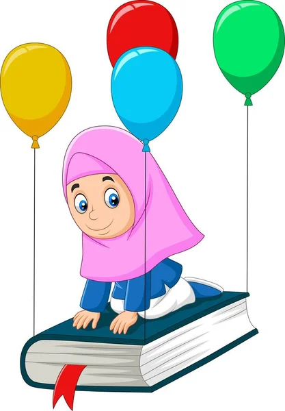 Векторная Иллюстрация Мультфильма Мусульманская Школьница Летящая Книге — стоковый вектор