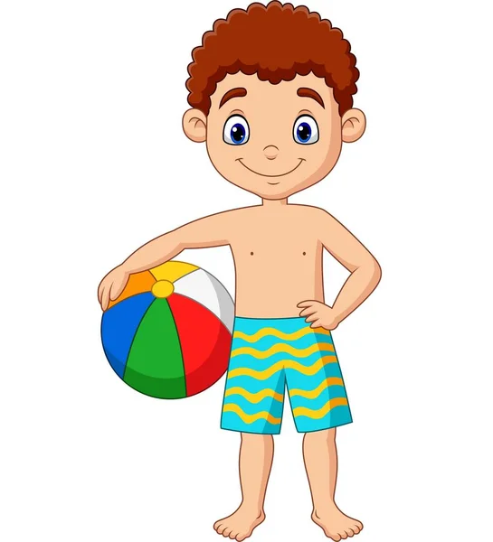 矢量插图的卡通快乐男孩拿着沙滩球 — 图库矢量图片
