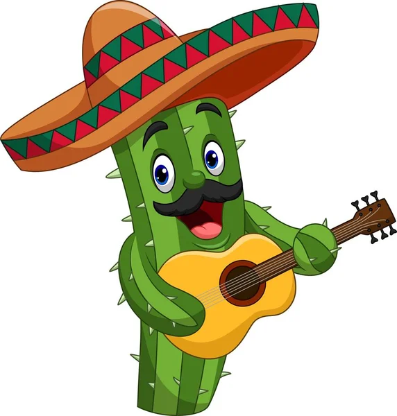 Illustrazione Vettoriale Cartoon Mexican Cactus Che Suona Chitarra — Vettoriale Stock