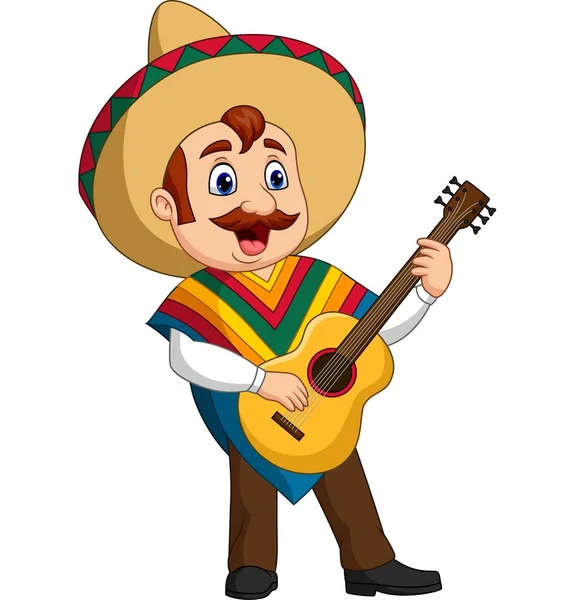 Illustrazione Vettoriale Cartoon Mexican Man Che Suona Chitarra Canta — Vettoriale Stock