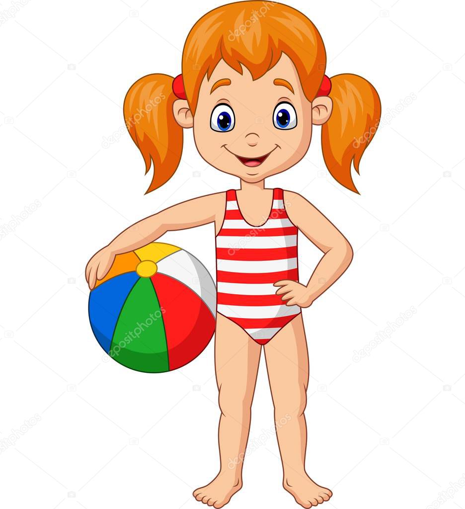 Vector illustration of Cartoon happy girl holding a beach ball