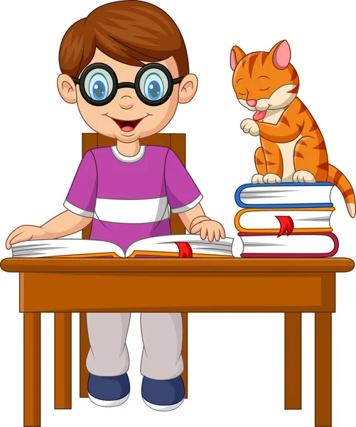 Απεικόνιση Διάνυσμα Καρτούν Αγοράκι Που Μελετάει Μια Γάτα — Διανυσματικό Αρχείο