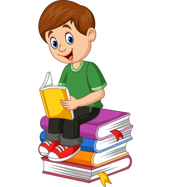 Vector Illustration Cartoon Little Boy Reading Book — Stock Vector