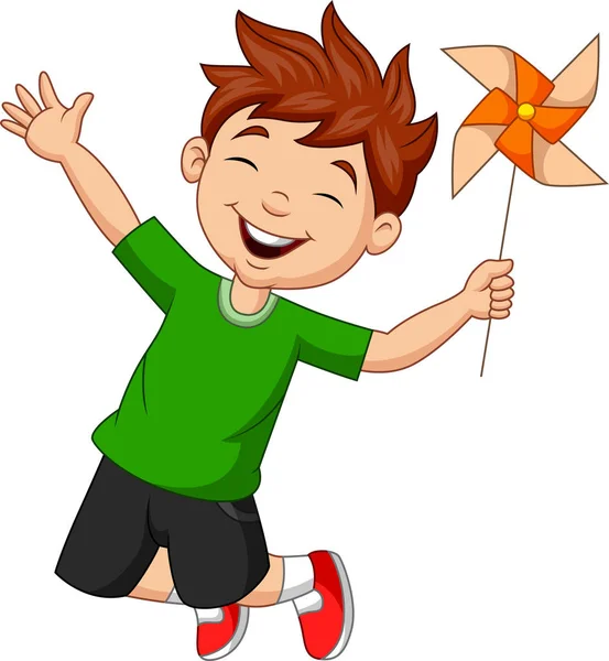Vector Illustratie Van Kleine Jongen Springen Met Een Papieren Windmolen — Stockvector