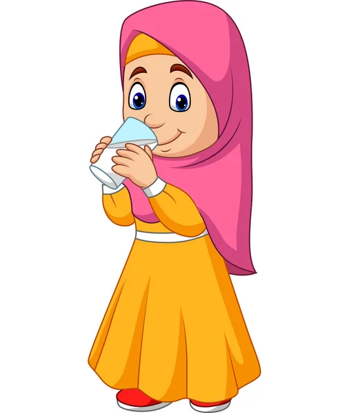 Vektor Ilustrasi Kartun Muslim Gadis Minum Air - Stok Vektor