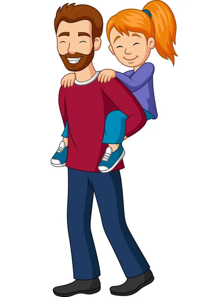 Vector Illustration Father Giving His Little Girl Piggyback Ride — Stock Vector