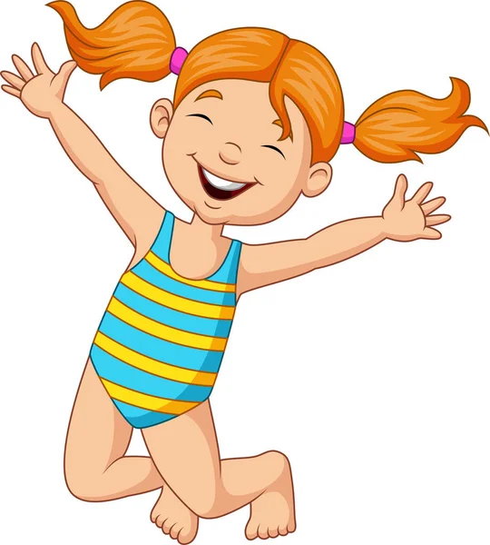 在泳装的卡通快乐女孩的矢量插图 — 图库矢量图片