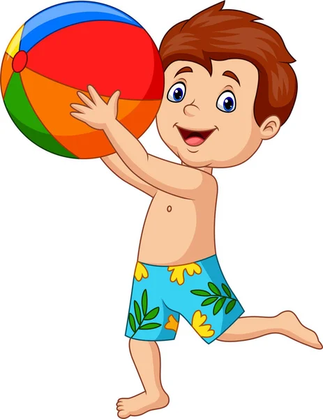 Απεικόνιση Διανυσματικών Κινουμένων Σχεδίων Ευτυχισμένο Αγόρι Κρατώντας Μπάλα Παραλία — Διανυσματικό Αρχείο