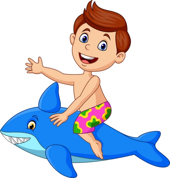 Vector Illustration Cartoon Little Boy Riding Inflatable Shark — Stock Vector