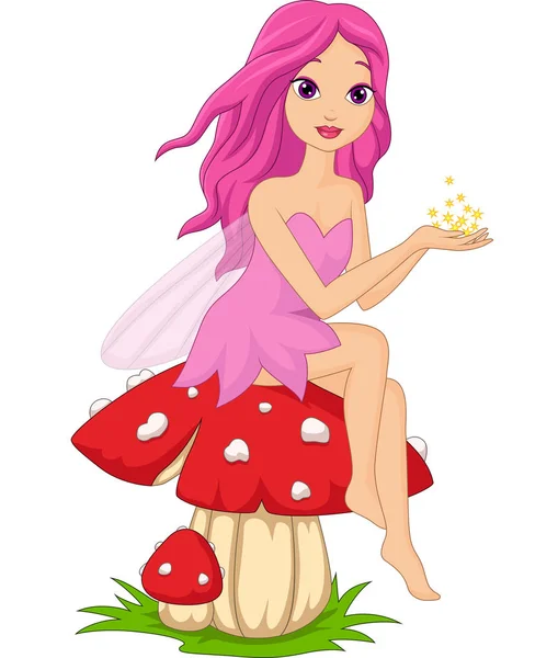 キノコの上に座っているかわいいピンクの妖精漫画のベクトルイラスト — ストックベクタ