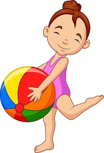 卡通快乐女孩拿着沙滩球的矢量插图 — 图库矢量图片