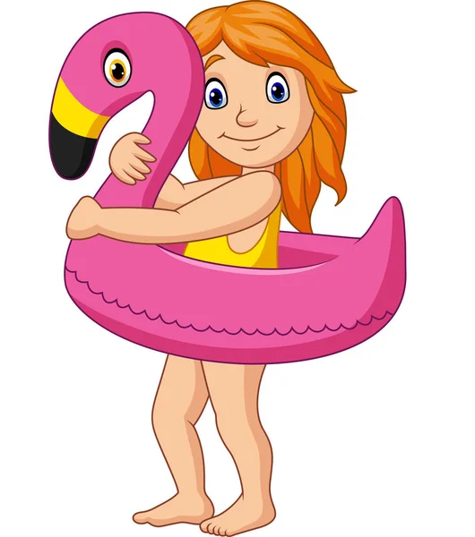 卡通小女孩在泳装与充气火烈鸟的矢量插图 — 图库矢量图片