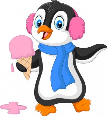 Earmuffs ve eşarp ile Karikatür penguen Vektör illüstrasyon bir dondurma yiyor