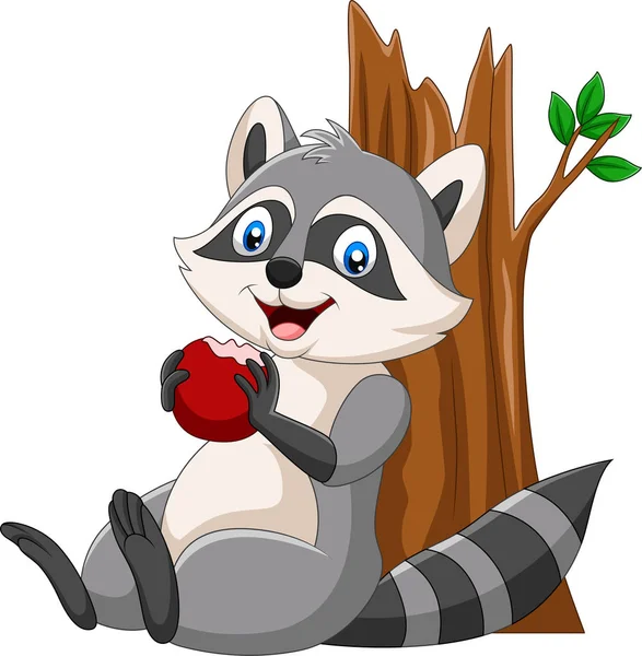 Vector Illustration Cartoon Raccoon Eating Red Apple — Stock Vector