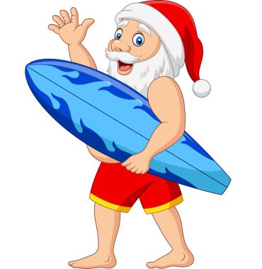 Karikatür Noel Baba vektör illüstrasyon bir sörf tahtası el sallayarak tutarak