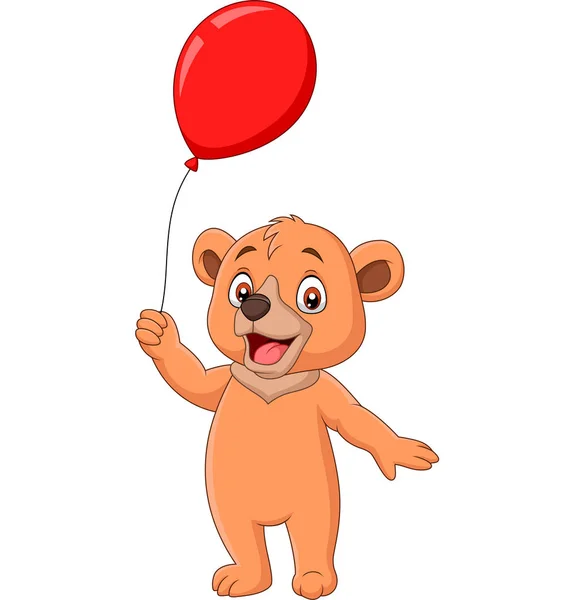 Illustration Vectorielle Petit Ours Dessin Animé Tenant Ballon Rouge — Image vectorielle