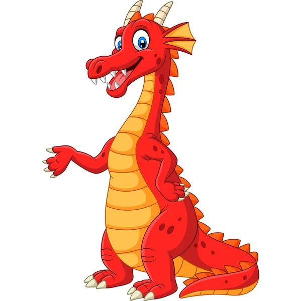 Vector Illustration Cartoon Happy Red Dragon Presenting — Stock Vector