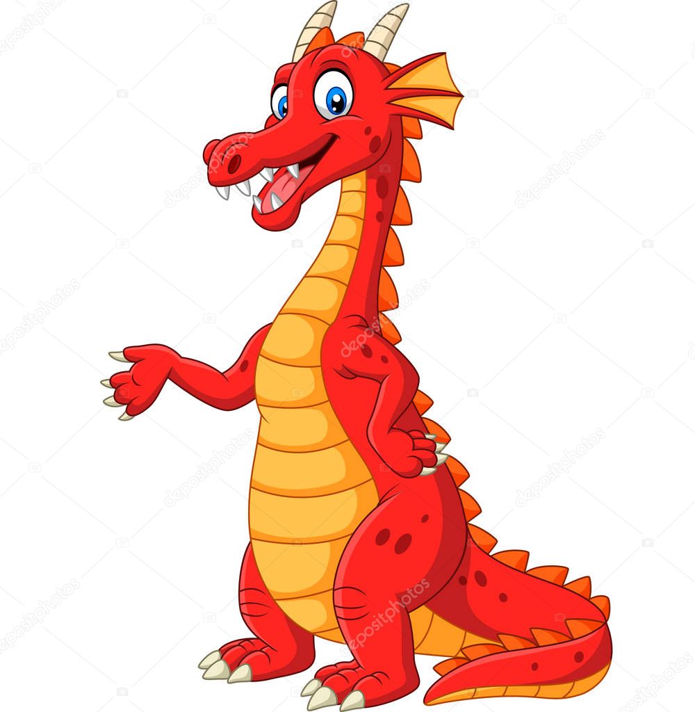 Vector illustration of Cartoon happy red dragon presenting 