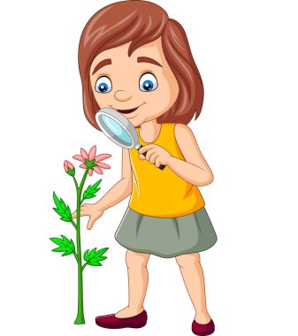 Bir büyüteç kullanarak ve çiçekler bakarak Karikatür kız Vektör illüstrasyon