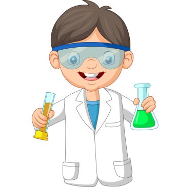 İki test tüpü tutan Karikatür çocuk bilim adamı vektör illüstrasyon