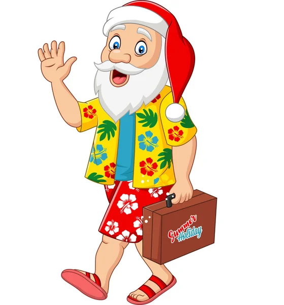 Ilustración Vectorial Cartoon Santa Claus Vacaciones Con Una Maleta — Vector de stock