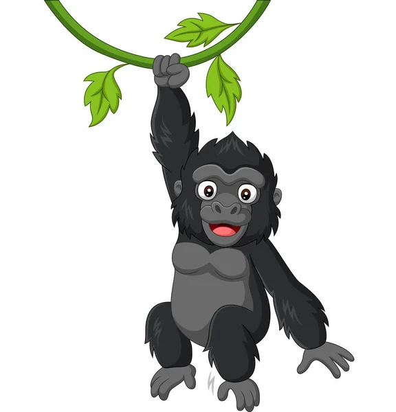 Vektor Illustration Tecknad Baby Gorilla Hängande Trädgrenen — Stock vektor