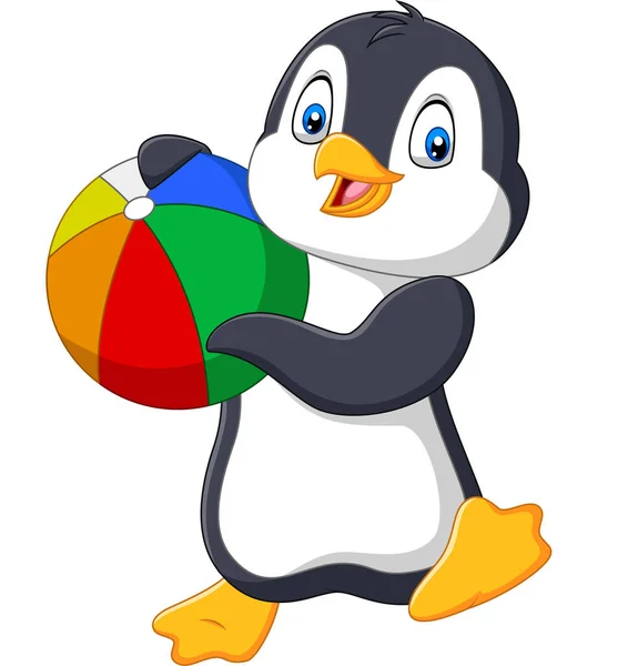 Ilustración Vectorial Pingüino Dibujos Animados Sosteniendo Pelota Playa — Vector de stock