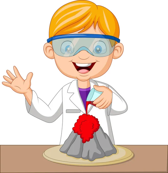 Ilustración Vectorial Cartoon Boy Scientist Haciendo Experimento Volcán — Vector de stock