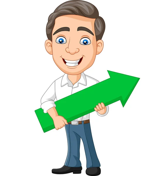 Vector Illustration Cartoon Young Businessman Holding Green Arrow — Stock Vector