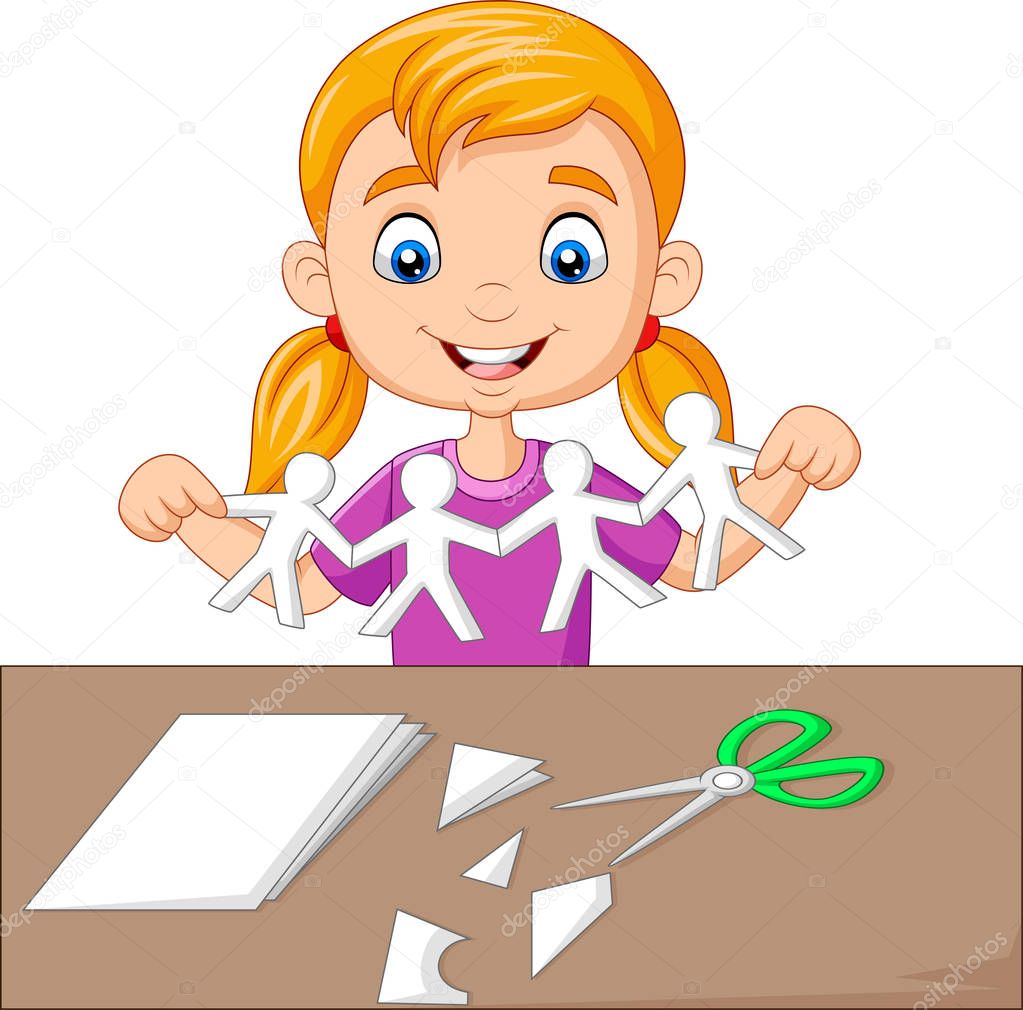Vector illustration of Cartoon little girl making paper people