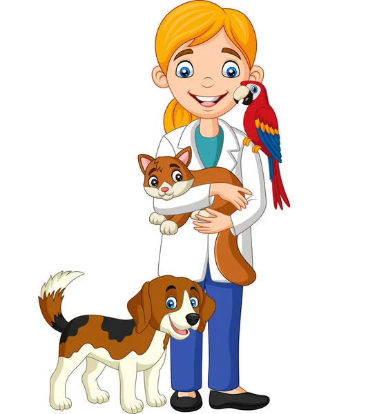 Vector Illustration Cartoon Female Veterinarian Examining Pets — Stock Vector