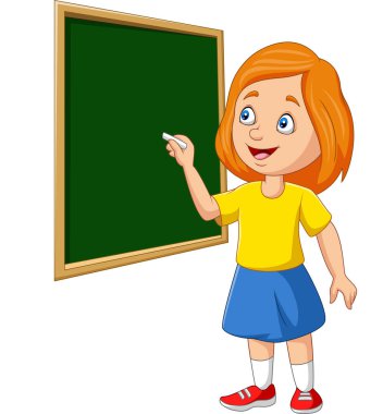 Karikatür kız öğrenci nin kara tahtaya yazımı vektör illüstrasyon