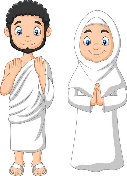 Vector Illustration Cartoon Muslim Man Woman Wearing Ihram Clothing — Stock Vector