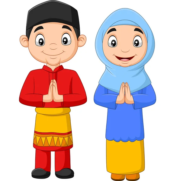 Vector Illustration Happy Muslim Kids Cartoon White Background — Stock Vector