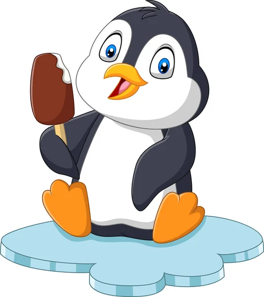 Vector Illustration Cartoon Penguin Holds Chocolate Ice Cream Treat — Stock Vector